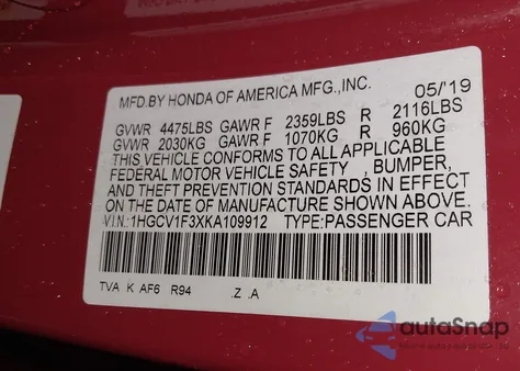 2019 Honda Accord Sport из США, поврежденный, VIN 1HGCV1F3XKA109912